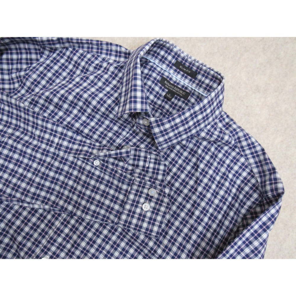 Banana Republic Mens Slim Fit Non-Iron Plaid Button Down Shirt Navy Blue Large